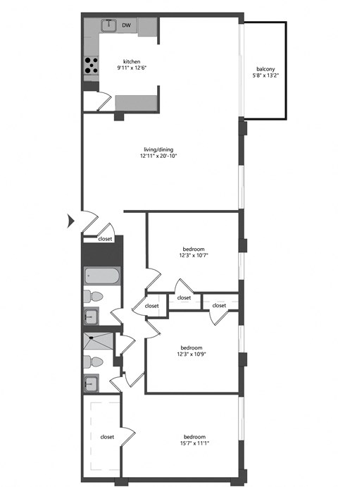 Floor plan for 3 beds, 2 baths, 1333 sqft